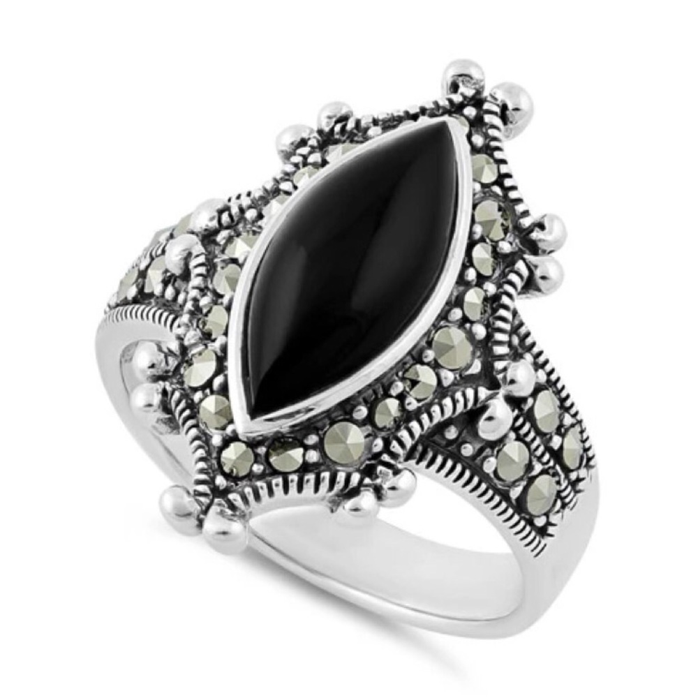 925 STERLING SILVER Marquise Black Onyx & Marcasite Ring - Picture 14 of 16